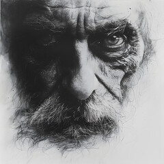 Obraz premium Close-up of an elderly man with deep wrinkles and expressive eyes, reflecting life filled with wisdom and experience