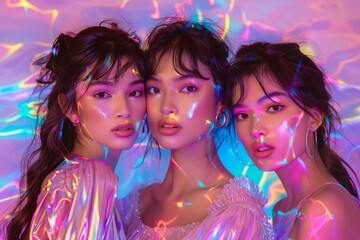 photoshoot featuring models posing against a holographic background with neon colors and metallic textures reminiscent of the 80s and 90s. The aesthetic is a blend of synthwave, vaporwave
