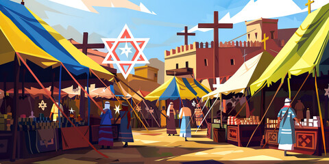 A bustling frontier town marketplace, vendors selling wares from colorful tents adorned with religious symbols, such as crosses and stars of David