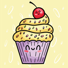 Illustration with cute cupcake. Element for print, postcard and poster. Vector Illustration. 