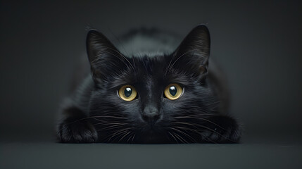 A sleek black cat is lying low to the ground, its bright yellow eyes focused intently on something off-screen, surrounded by soft shadowy lighting that enhances its curious demeanor.