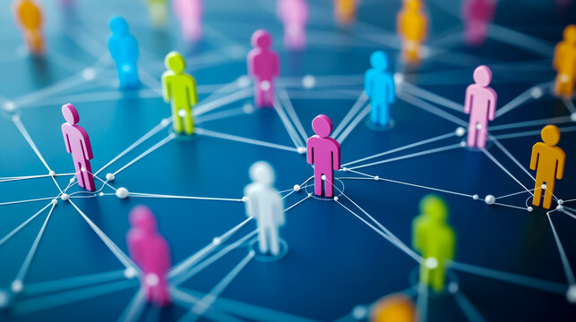 Colorful icons of people connected by lines on a blue background