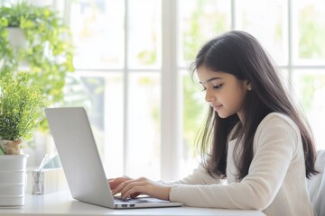 A young Indian girl with long black hair is typing on a laptop at a desk by a large window, surrounded by green plants. online school 