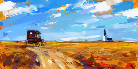 An abstract painting of a stagecoach racing across the prairie, its path leading to a lone church steeple in the distance, symbolizing hope and salvation. 