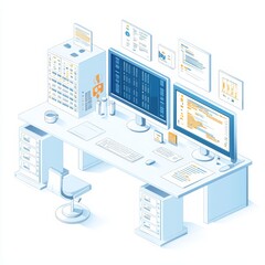 Efficient Data Processing Desk with Dual Monitors and Server Setup