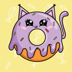 Illustration with cute donut cat. Element for print, postcard and poster. Vector Illustration. 