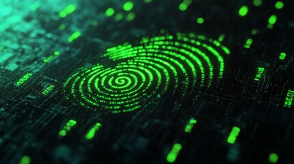 Close-up of a glowing green digital fingerprint on a dark background. The image highlights the concept of biometric security and digital identity with a focus on technology and cybersecurity.
