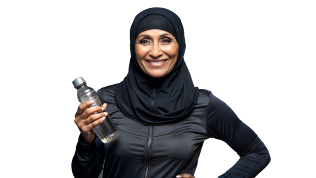 Smiling Woman In Hijab Holding Water Bottle After Workout