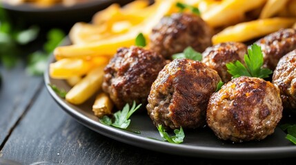 Delicious meatballs served with crispy fries and fresh parsley garnish