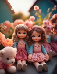 Cute little dolls in front of floral background
