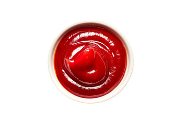 Red ketchup in ceramic bowl isolated on white transparent background. Concept of food, condiments, and culinary ingredients