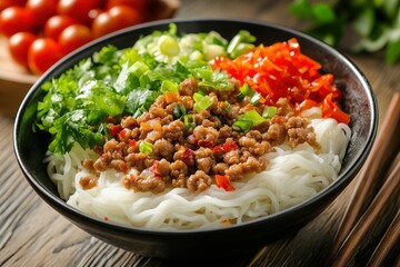 Delicious bowl of noodles topped with meat and fresh vegetables
