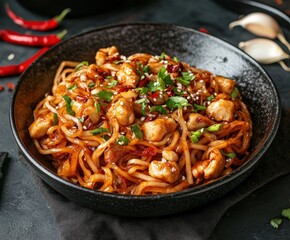 Chicken stir-fry with noodles and herbs on a dark backdrop