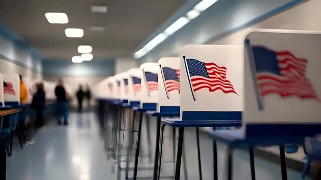 Row of Voting Booths with American Flags in a Polling Place