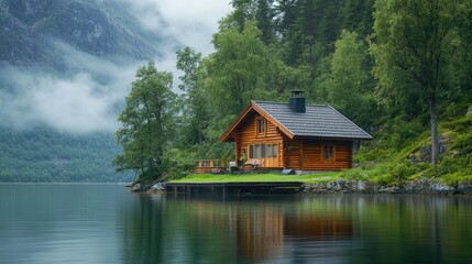 Fototapeta premium Wooden cabin reflecting on tranquil lake with misty mountains