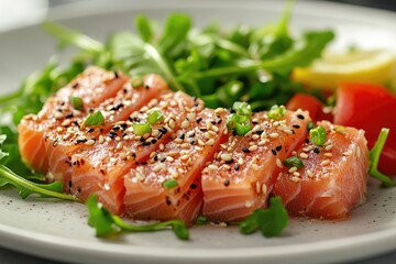 Seared tuna fish with sesame seeds and green onions on white plate
