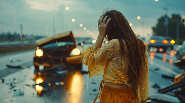 Woman looks distressed by her broken car on a congested highway while it rains heavily.