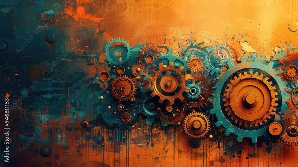 Aufkleber industrial grunge background with interlocking gears and abstract paint splatter
