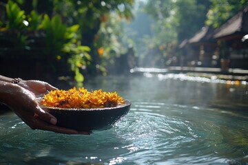 Person washing hands in fountain with flowers in bali indonesia © Lubos Chlubny