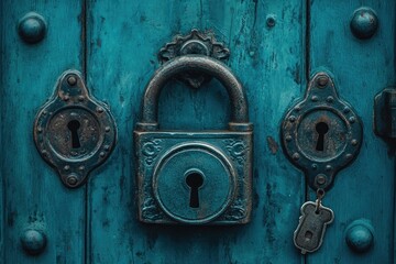 Fototapeta premium Old padlock securing a wooden door with a key hanging