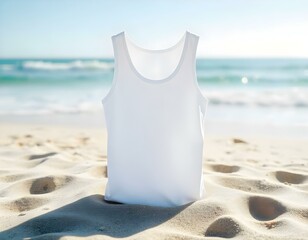 A blank tank top mockup placed on a sandy beach surface, with bright sunlight overhead, and ocean waves softly blurred in the background create with ai