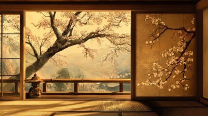 Fototapeta premium Cherry blossoms viewed through open Japanese window