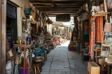 Narrow alley displaying traditional goods in a middle eastern souk