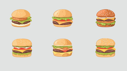 A flat vector illustration showing six different types of burgers, each with unique toppings and styles, arranged in two rows on a light background.