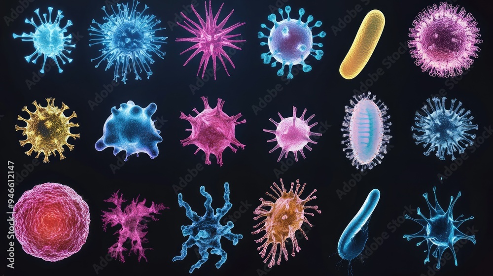 Poster collection of virus and bacteria cells floating on black background