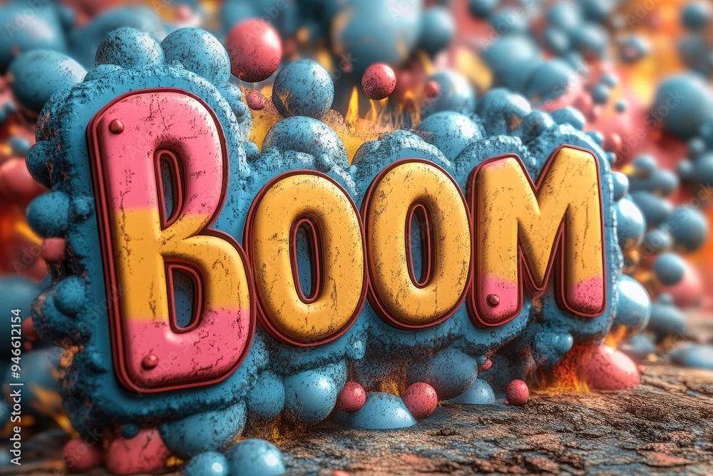 Poster Boom text surrounded by colorful splashes on blue background