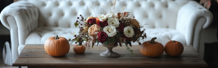 Fall floral arrangement on a wooden table with pumpkins in cozy setting