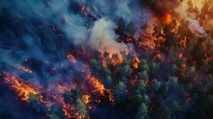 Aerial view of a forest fire engulfing trees and smoke billowing into the sky.