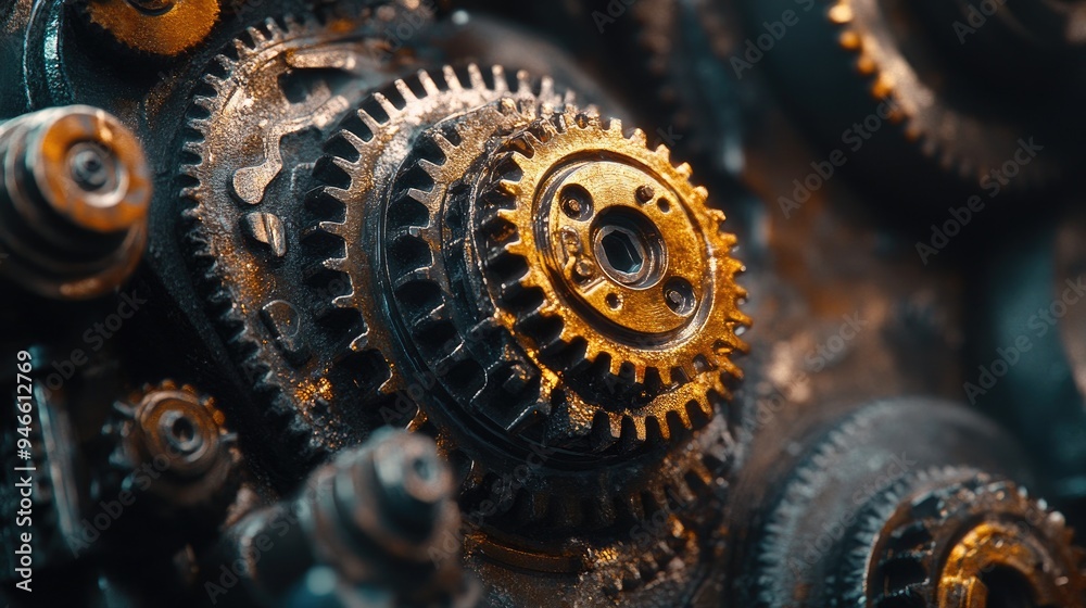 Poster rusty gears interlocking showing industrial concept