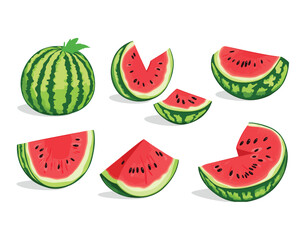 Various slices and pieces of watermelon arranged around a whole watermelon, showing both the exterior green rind and the red, seeded interior