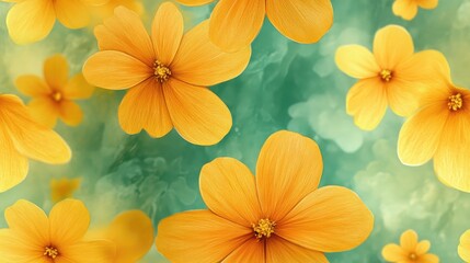 Yellow flowers blooming seamless pattern on green leaves background