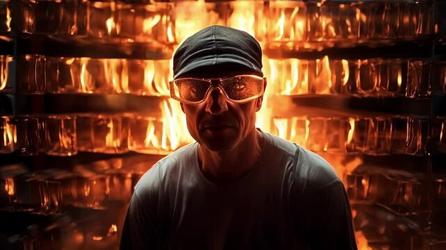 Confident worker in safety glasses at steel mill furnace. Illuminated by warm orange light, showcasing skilled craftsmanship in heavy industry