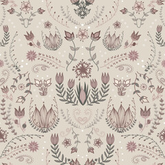 Vintage symmetrical seamless floral pattern on beige. Soft muted pastel tones give a harmonious and calming feel. Detailed botanical illustration with flower ornaments in shades of pink and green.