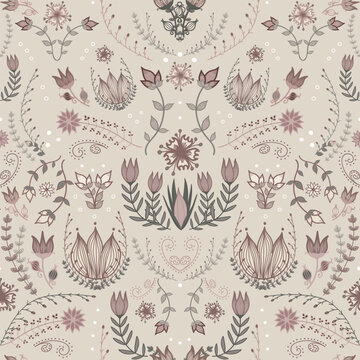 Vintage symmetrical seamless floral pattern on beige. Soft muted pastel tones give a harmonious and calming feel. Detailed botanical illustration with flower ornaments in shades of pink and green.