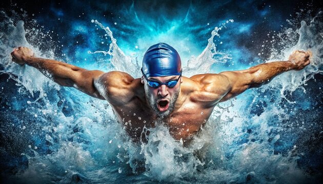 An athlete dives into the pool water creating dramatic splashes in a competitive swimming pose showcasing muscular strength and intense focus with blue lighting adding to the energy
