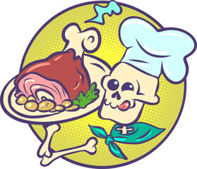 Skeleton cook holds a plate with tasty meat. Mexican holiday Day of the Dead and delicious food. Restaurant or snack bar logo.