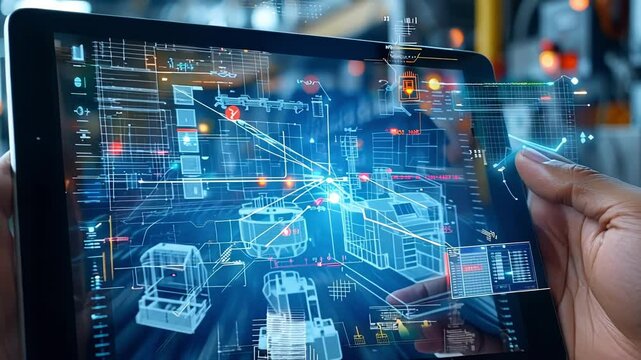 Industrial engineer working at a smart factory is monitoring the production process using a digital tablet, visualizing holographic augmented reality 3d models