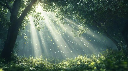 Obraz premium Sunlit Woodland Clearing Enchanted Forest with Light Streaming Through a Thick Tree Canopy