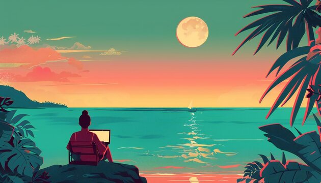 A minimalist illustration of a digital nomad working on a laptop by the beach