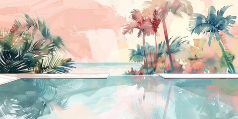 A tropical poolside scene with soft and delicate colors watercolor style