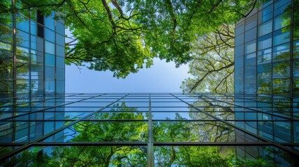 Modern building reflecting lush green trees..
