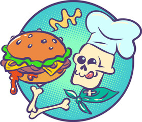 Skeleton cook holding a cheeseburger. Mexican holiday Day of the Dead and restaurant mascot. Halloween themed dishes.
