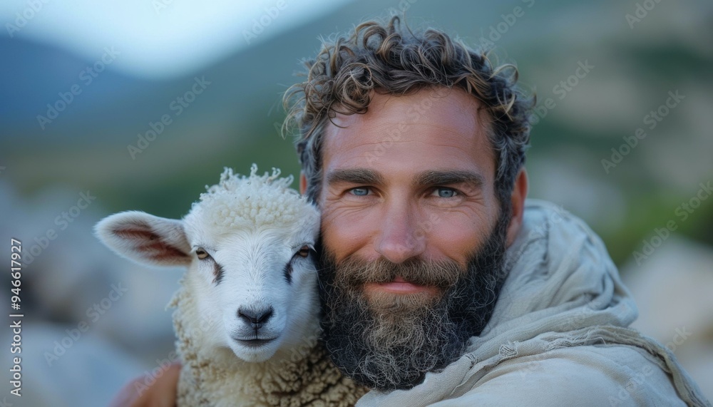 Sticker A man with a beard smiles while holding a sheep. AI.