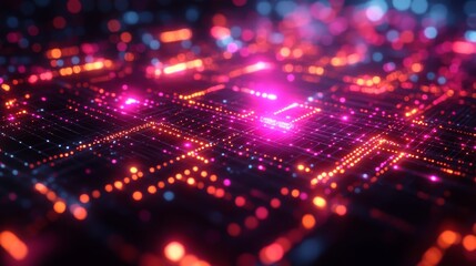 Obraz premium Colorful glowing holographic symbols illuminate a digital grid, showcasing advanced technology in an interactive exhibit at an outdoor venue.