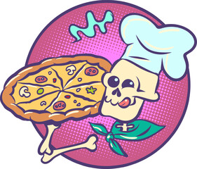 Skeleton cook holding a plate with pizza. Mexican holiday Day of the Dead and delicious food. Halloween themed dishes.