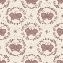 Beige and muted pink folk pattern with butterflies and flower wreaths. Vintage countryside and boho vibe design. Cute, and simple symmetrical cottage-core pattern. Fine line work is elegant yet rustic